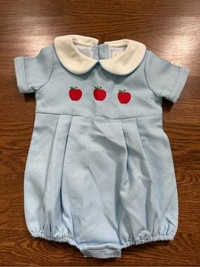 Light Blue Baby One-Piece with Peter Pan Collar and Apple Embroidery